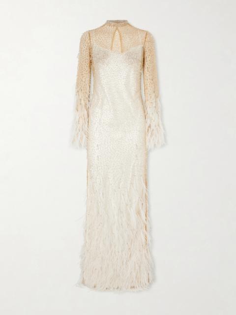 CLIO PEPPIATT Mia Embellished Feather-trimmed Tulle Gown