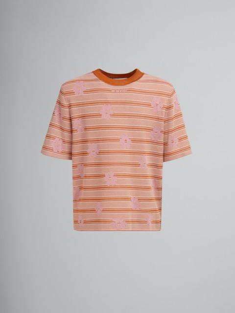 Marni PINK COTTON-VISCOSE STRIPED KNIT T-SHIRT WITH FLORAL MOTIF