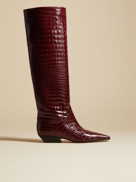 KHAITE The Marfa Knee-High Boot in Bordeaux Croc-Embossed Leather