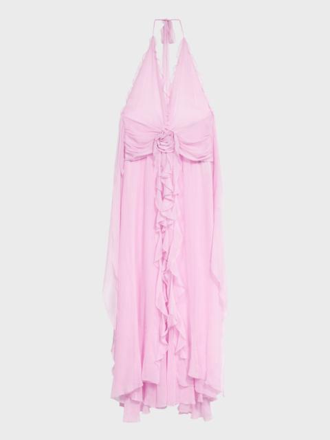Blumarine LONG VISCOSE GEORGETTE DRESS WITH ROSE AND RUFFLES