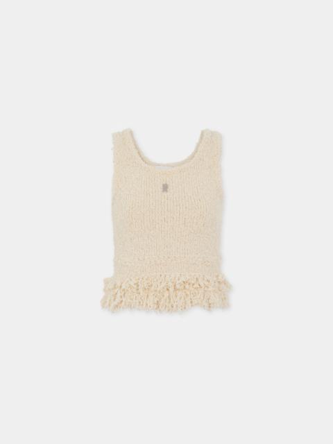 CREME WOVEN TOP WITH KNITTED FRINGES
