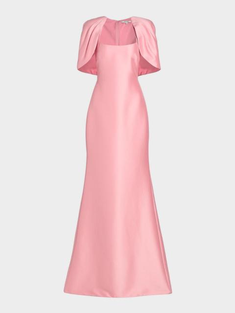 BADGLEY MISCHKA Square-Neck Mikado Capelet Trumpet Gown