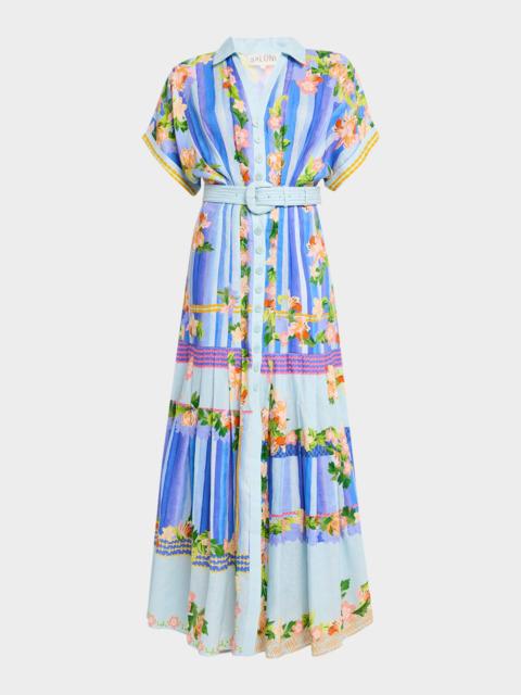 SALONI Riya-B Belted Floral Linen Maxi Shirt Dress