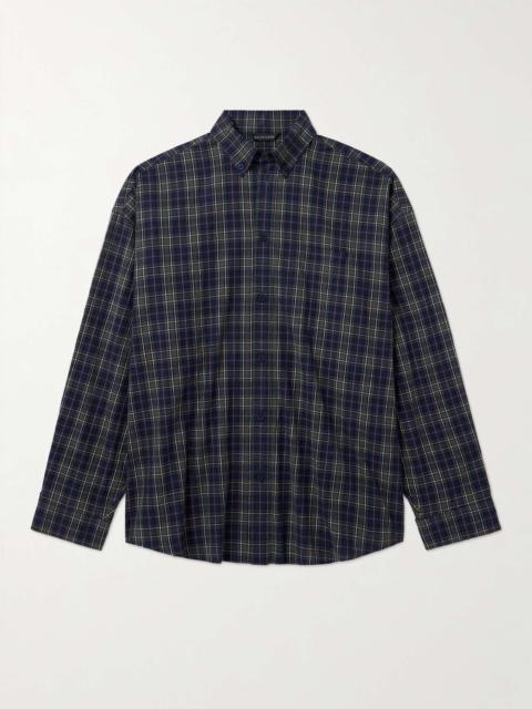BALENCIAGA Oversized Button-Down Collar Logo-Print Checked Cotton-Flannel Shirt