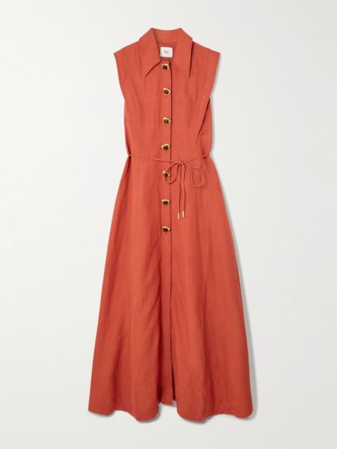 Aje. Belted Embellished Linen-blend Maxi Shirt Dress