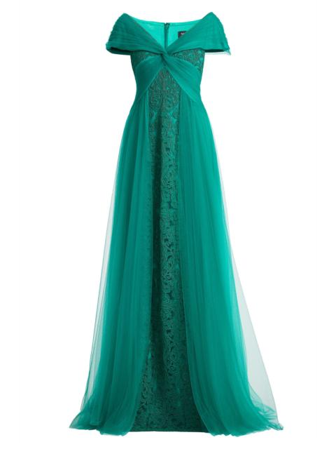 TADASHI SHOJI Women's Parello Lotus-Embroidered Tulle Gown - Emerald