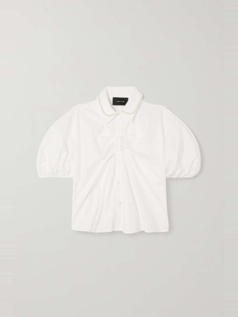 Faux pearl-embellished gathered cotton-poplin shirt