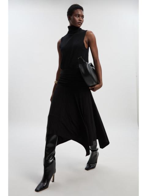 KAREN MILLEN Stretch Drapey Crepe Ruched Hanky Hem Midi Skirt