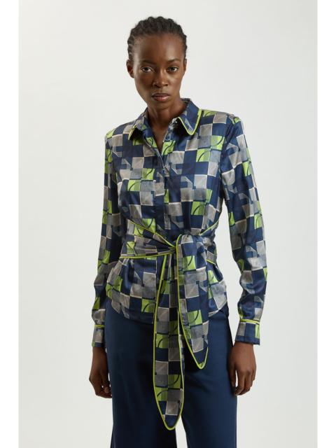 KAREN MILLEN Geo Print Hammered Satin Tie Waist Woven Shirt
