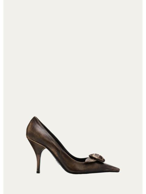 Prada 95mm Rosette Distressed Leather Pumps