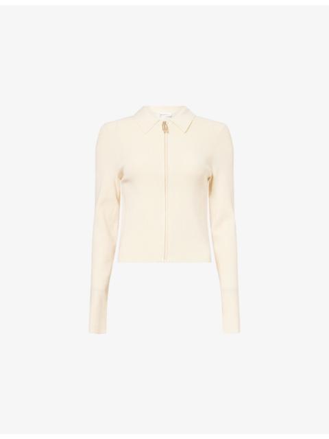 Victoria Beckham Long-Sleeve Zip-Up Rib-Knit Polo Top