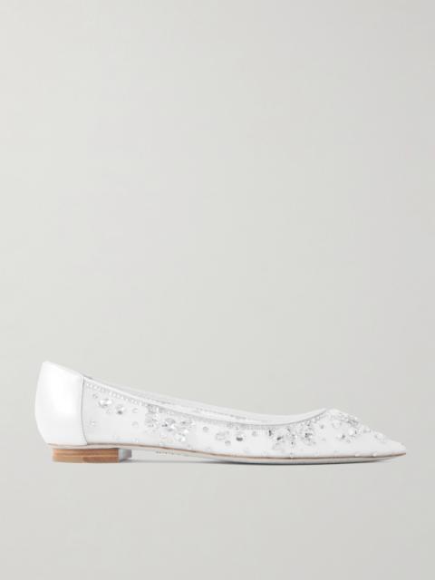 RENE CAOVILLA Leather-trimmed Crystal-embellished Tulle Point-toe Flats