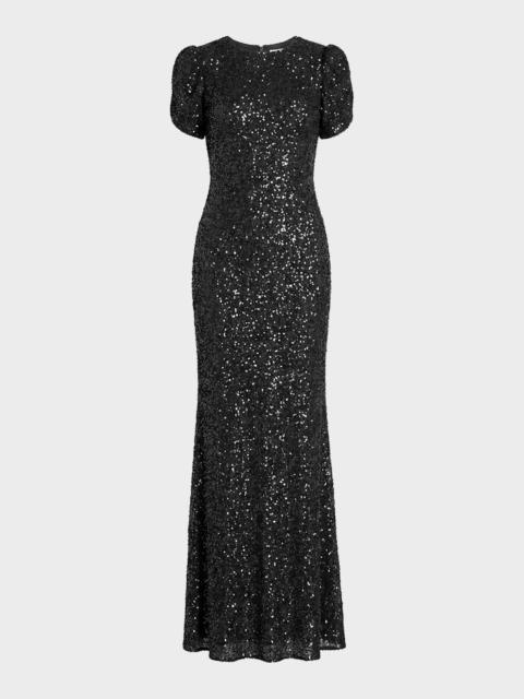 MAC DUGGAL Beaded Mesh Short-Sleeve Gown