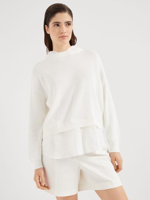 Brunello Cucinelli Cotton organza and English rib knit faux-layered sweatshirt with detachable hood and monili