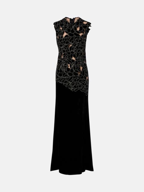 COSTARELLOS Serisa embellished lace-trimmed velvet gown