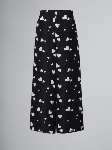 Marni BLACK SILK TROUSERS WITH BUNCH OF HEARTS PRINT