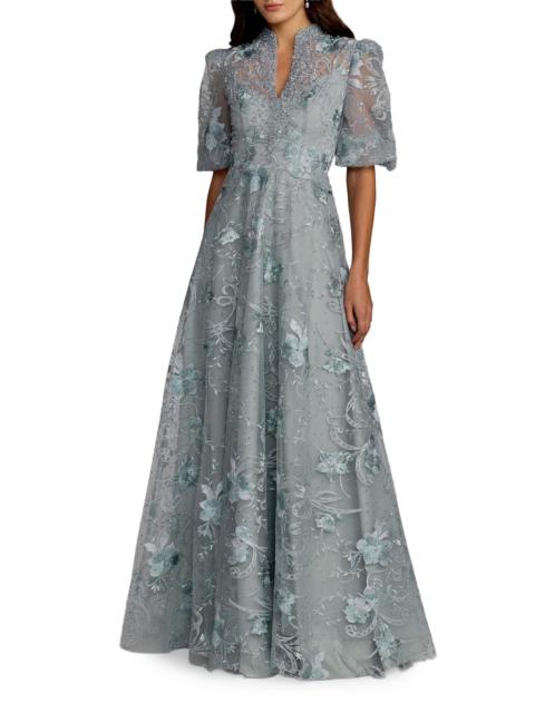 MAC DUGGAL Women's Floral-Embroidered Puff A-Line Gown - French Blue