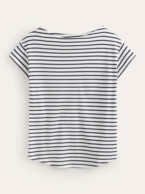 BODEN Supersoft Boat Neck T-Shirt-Ivory, Navy Stripe