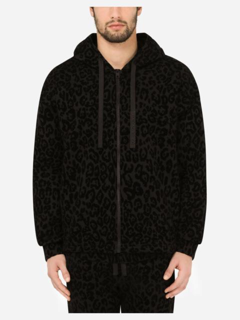 Leopard-print zip-up jersey hoodie