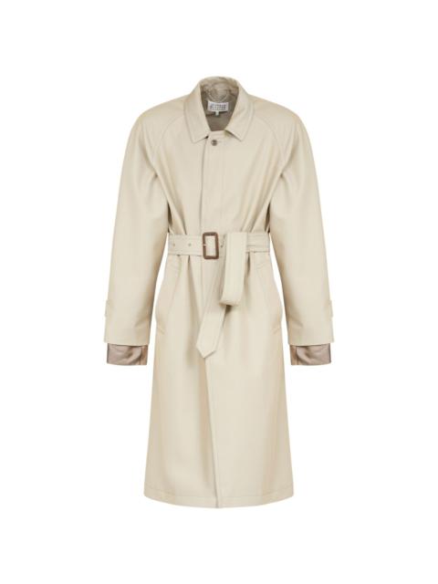 layered belted trench coat