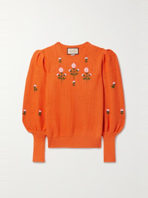 GUCCI Embroidered pointelle-knit wool and cotton-blend sweater Orange
