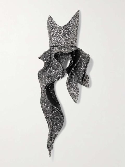 MATICEVSKI Indiscreet Wave strapless asymmetric ruffled sequined tulle top Silver