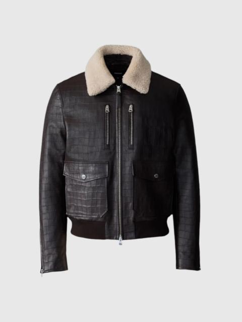 MACKAGE CHANCE-NV Croc-Embossed Leather Jacket with Shearling Collar