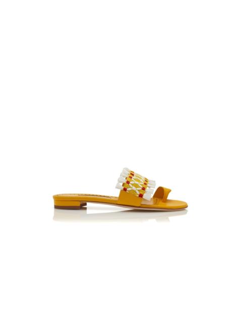 Manolo Blahnik Yellow Nappa Leather Raffia Detail Flat Mules