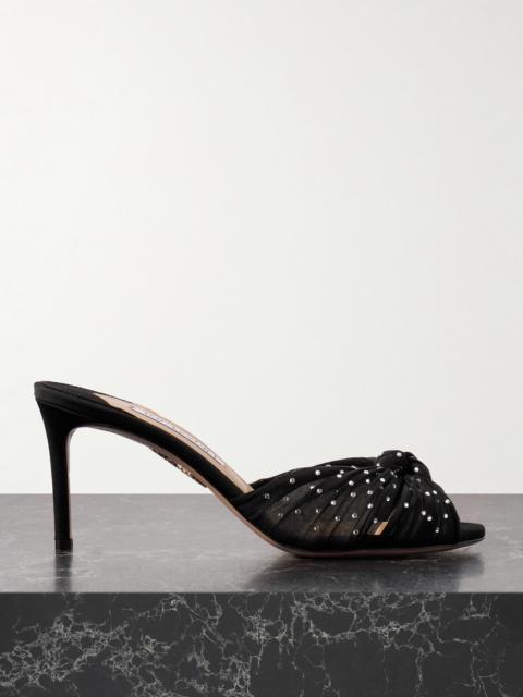 AQUAZZURA Slow Kisses 75 Crystal-embellished Knotted Silk-satin And Chiffon Mules