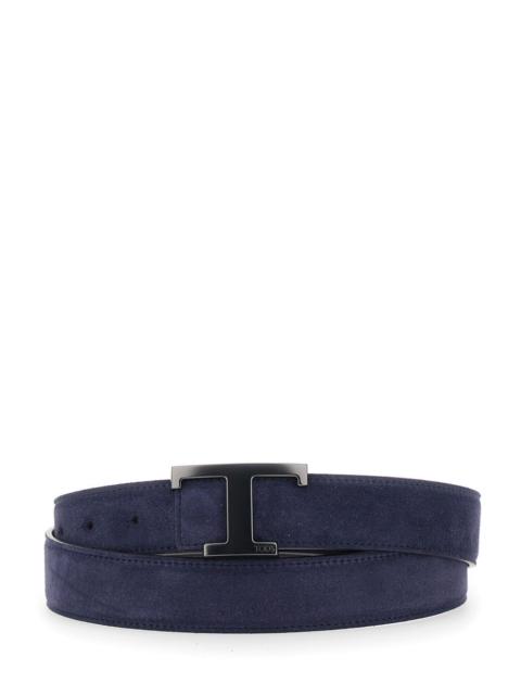Tod's Reversible T Timeless Belt Blue Suede Unisex Blu