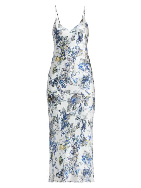 L'AGENCE Women's Seridie Printed Silk Midi-Slipdress - Grey Watercolor Butterfly