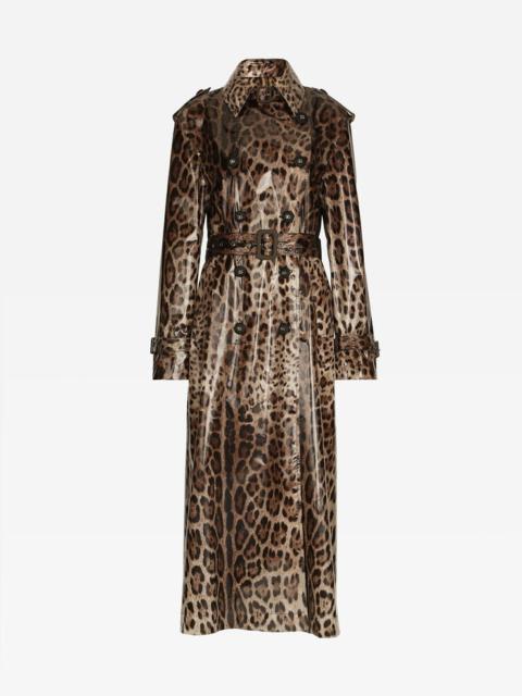Leopard-print coated sateen trench coat