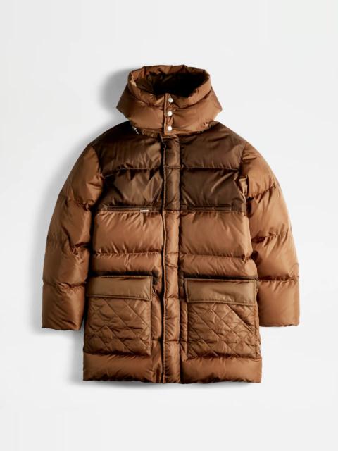 Tod's HOODED LONG DOWN JACKET - BROWN