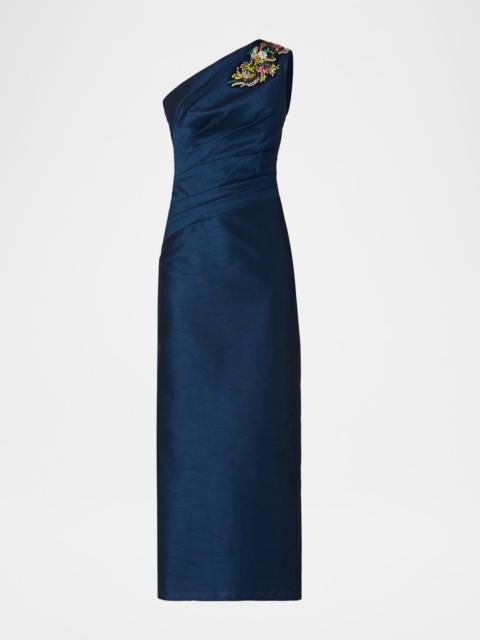 Shoshanna Como Sleeveless Beaded One-Shoulder Midi Dress
