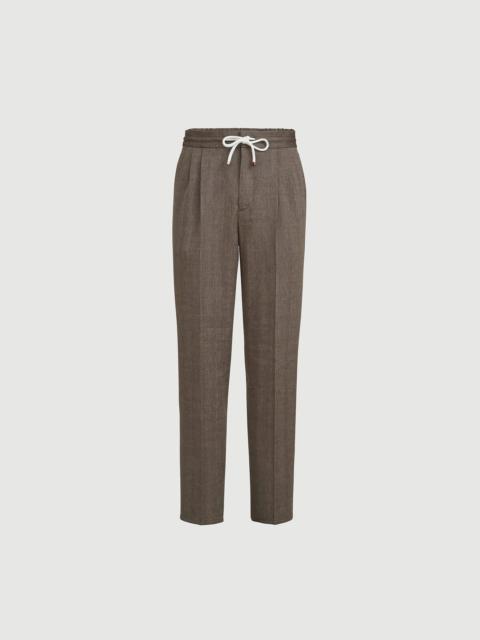 Brunello Cucinelli Linen and virgin wool chevron trousers with drawstring and double pleats