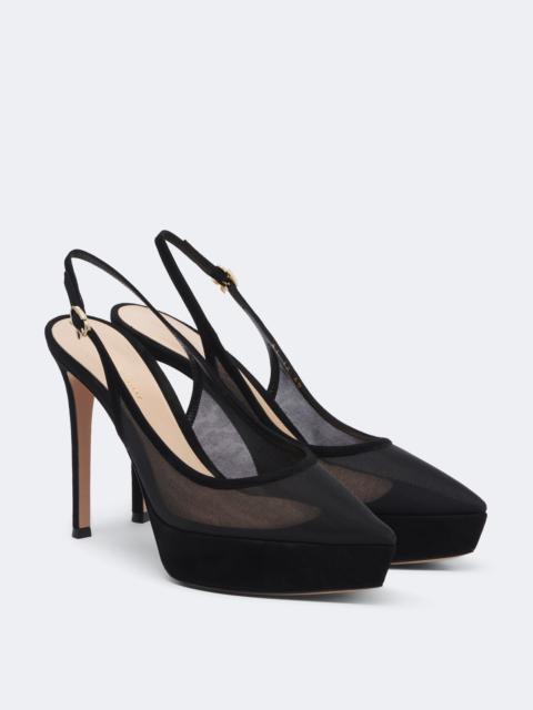 Gianvito Rossi Suede-trimmed mesh platform slingback pumps