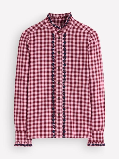 BODEN Sienna Frill Cotton Shirt-Embroidered Pink, Maroon Check