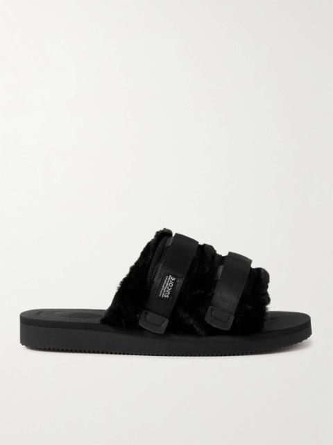 Moto Webbing and Shell-Trimmed Faux Fur Slides
