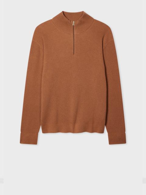 Paul Smith Chestnut Wool-Blend Half Zip Ribbed Knitted Sweater