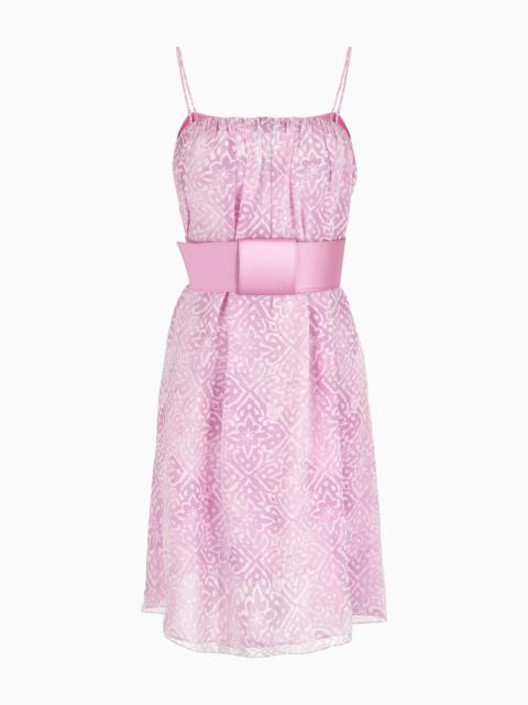 Silk-crépon dress with stencil flower print and oversized satin belt