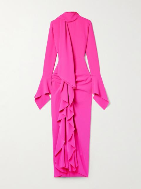 SOLACE LONDON Nella Tie-neck Ruffled Crepe Gown