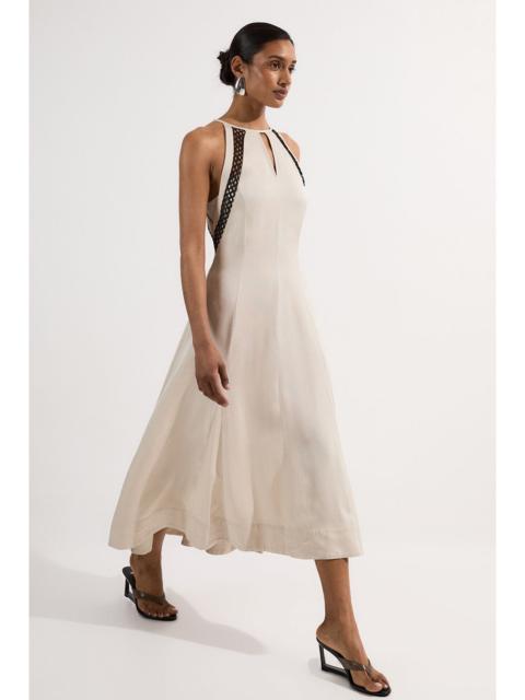 KAREN MILLEN Viscose Linen Woven Halterneck Midi Dress With Lace Trim