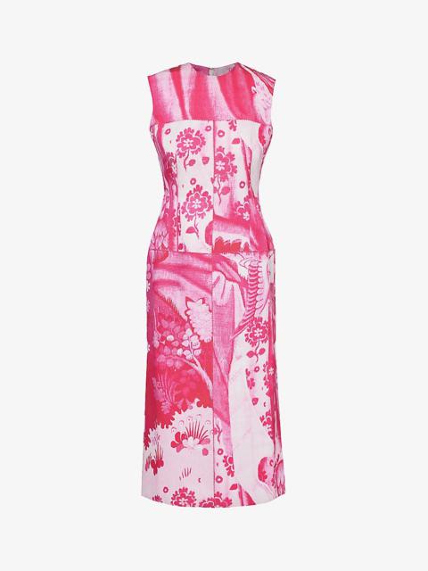 Floral-pattern sleeveless cotton-blend midi dress
