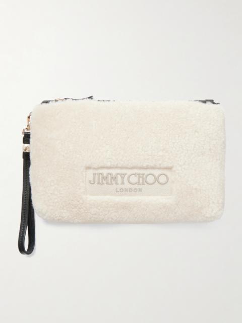 JIMMY CHOO Embroidered Leather-trimmed Shearling Clutch
