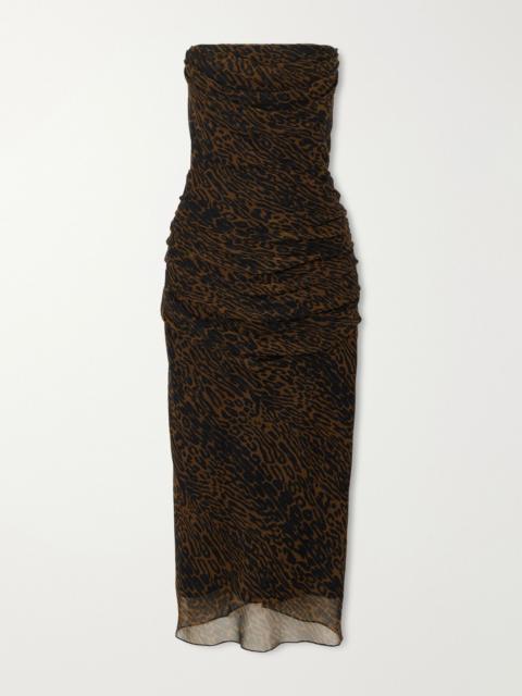 CAROLINA HERRERA Strapless draped leopard-print silk-chiffon midi dress Brown