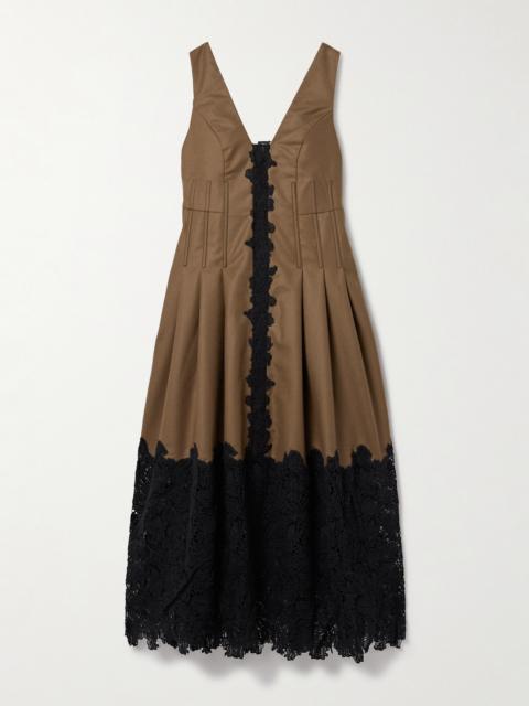 KIKA VARGAS Rosa Guipure Lace-trimmed Pleated Wool-twill Midi Dress