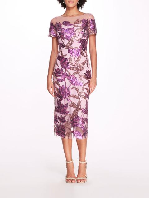 Marchesa LOTUS SEQUIN CAP-SLEEVED PENCIL DRESS