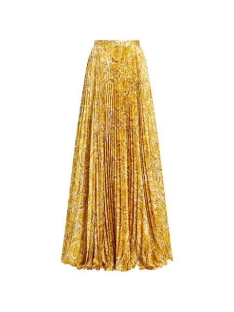 Barocco-print pleated satin skirt