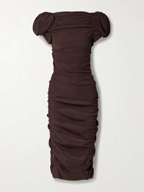 Ruched silk-crepon midi dress Brown