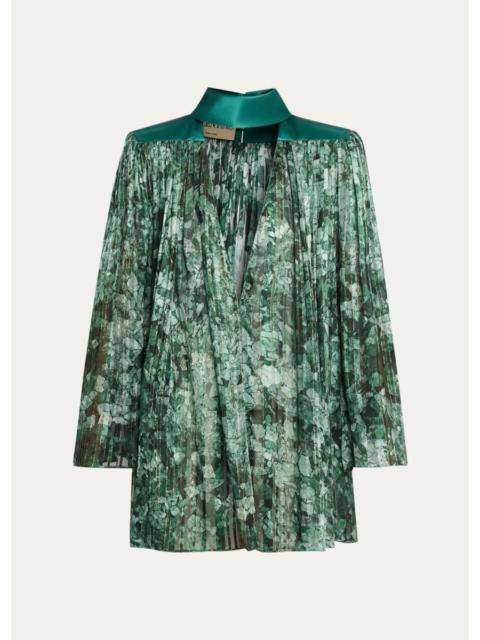 Valentino Metallic Silk Chiffon Plisse Long-Sleeve Blouse